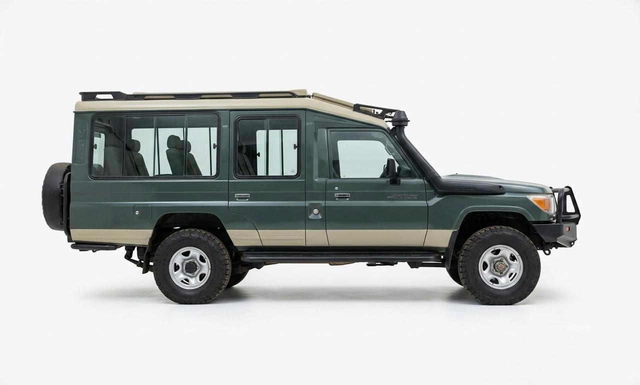 Rugged Land Cruiser Hard Top Extended, ideal for spacious group safaris and game drives in Ugandan parks.