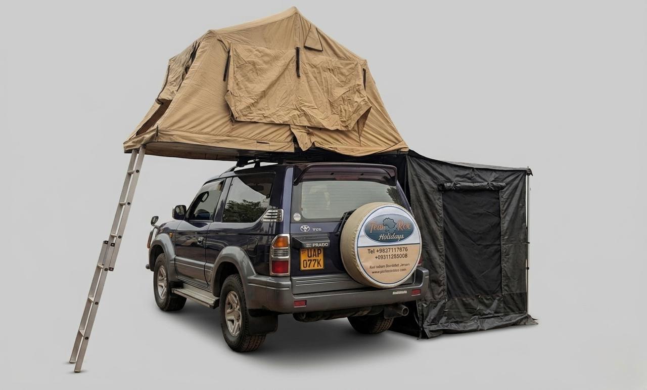 4x4 Land Cruiser with a rooftop tent, equipped for self-drive safaris and camping adventures across Uganda.